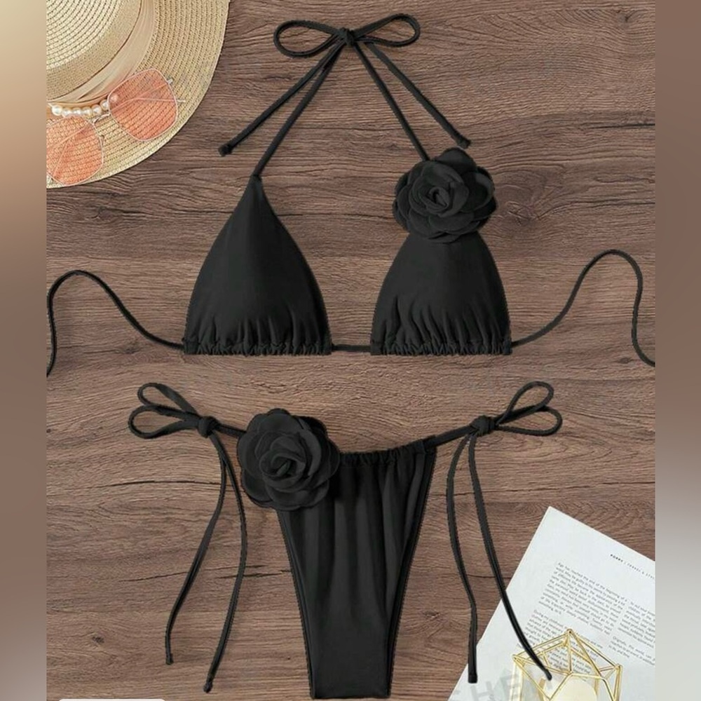 Elegant Black Bikini Set flower 2 pieces - Picture 3 of 3